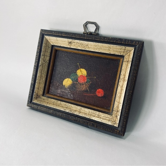 Miniature Vintage Still Life Oil Painting Board Basket Knitting Yarn and Needles - Picture 4 of 13